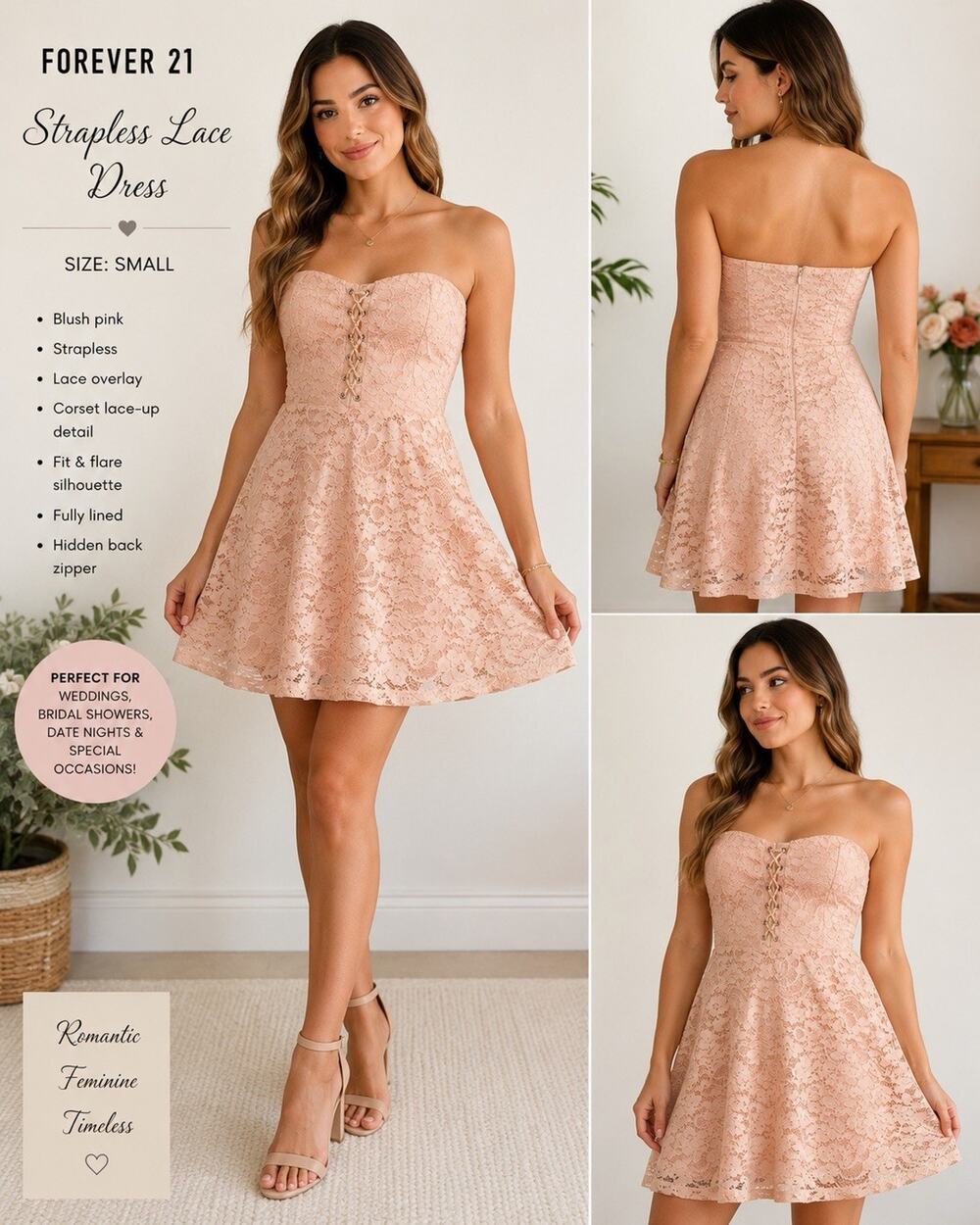 🆕Forever 21 Blush Pink Lace Strapless Fit & Flare Dress Corset Bodice Small NWT